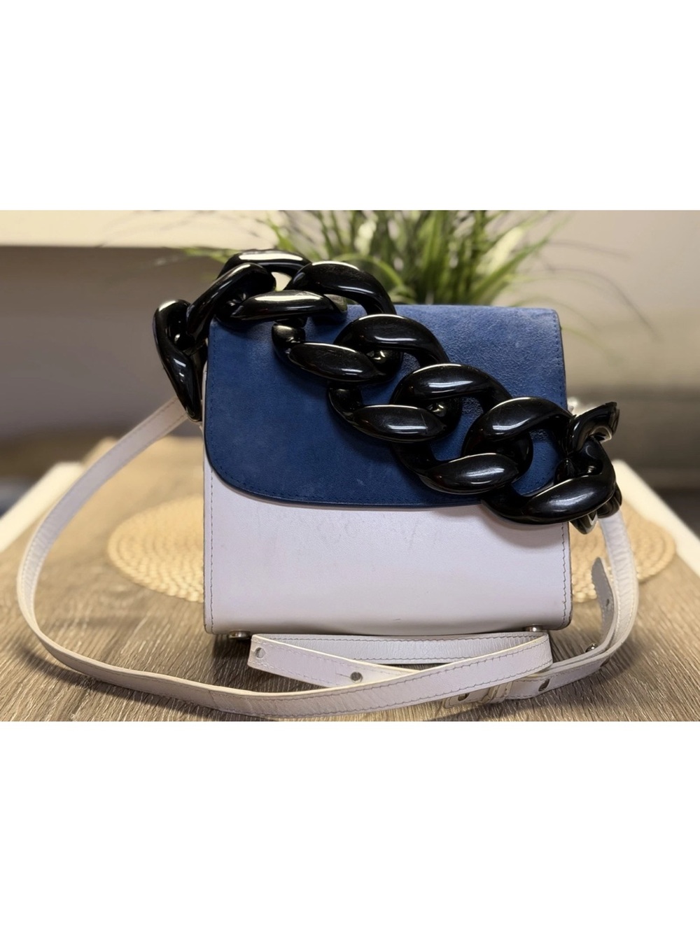 Marques' Almeida Classic M'A Chunky Chain Bag Blue Suede White Leather Shoulder